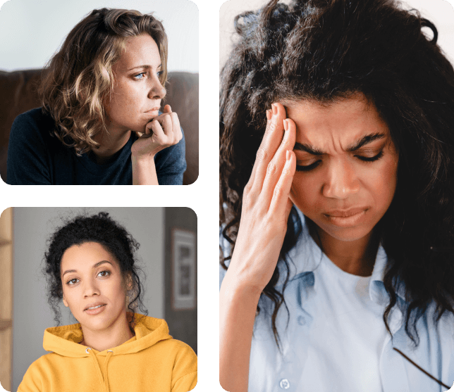 Multiple images of women with migraine